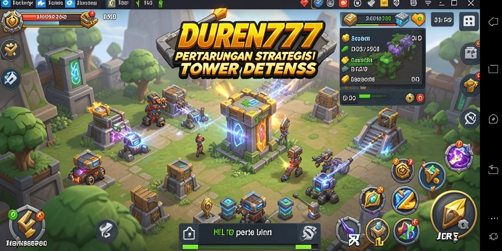 Screenshot gameplay DUREN777 yang menampilkan pertarungan Tower Defense yang intens.