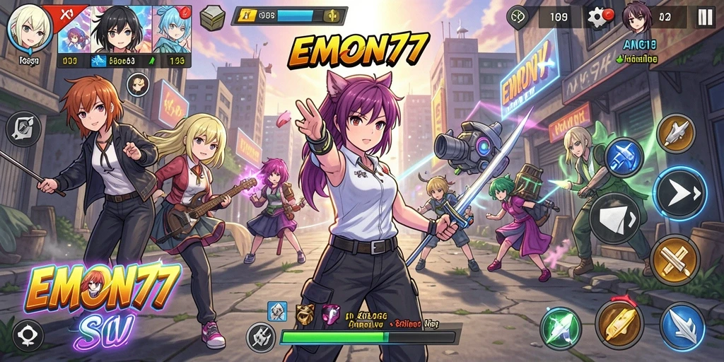 Screenshot gameplay EMON77 menampilkan aksi seru dan karakter anime ikonik.