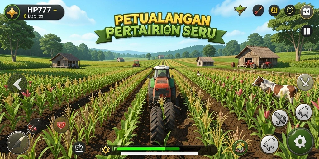 Screenshot gameplay HP777 menunjukkan ladang subur dan aktivitas bertani.
