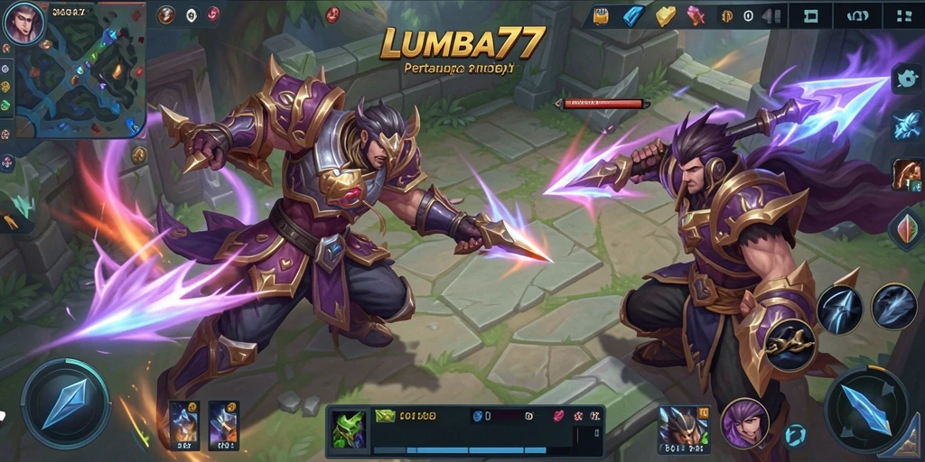 Screenshot gameplay LUMBA77 yang menunjukkan pertarungan seru antar tim.