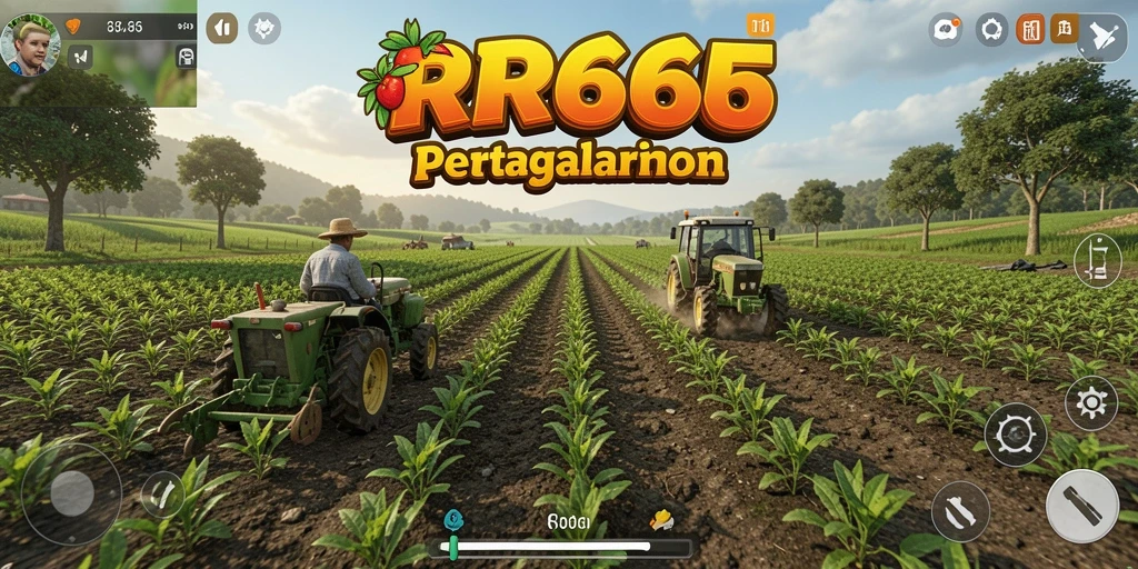Tampilan gameplay <strong>RR666</strong> yang menampilkan ladang subur dan karakter petani.