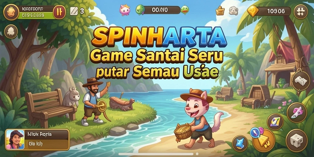 Screenshot gameplay SPINHARTA yang penuh warna dan seru.