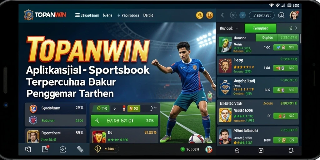Screenshot utama menunjukkan antarmuka utama aplikasi <strong>TOPANWIN</strong> dengan pilihan taruhan olahraga.